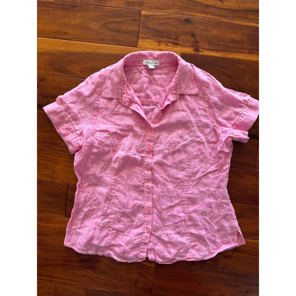 Coldwater Creek Pink Linen Short Sleeve Collared Button Up Shirt Women XL 18